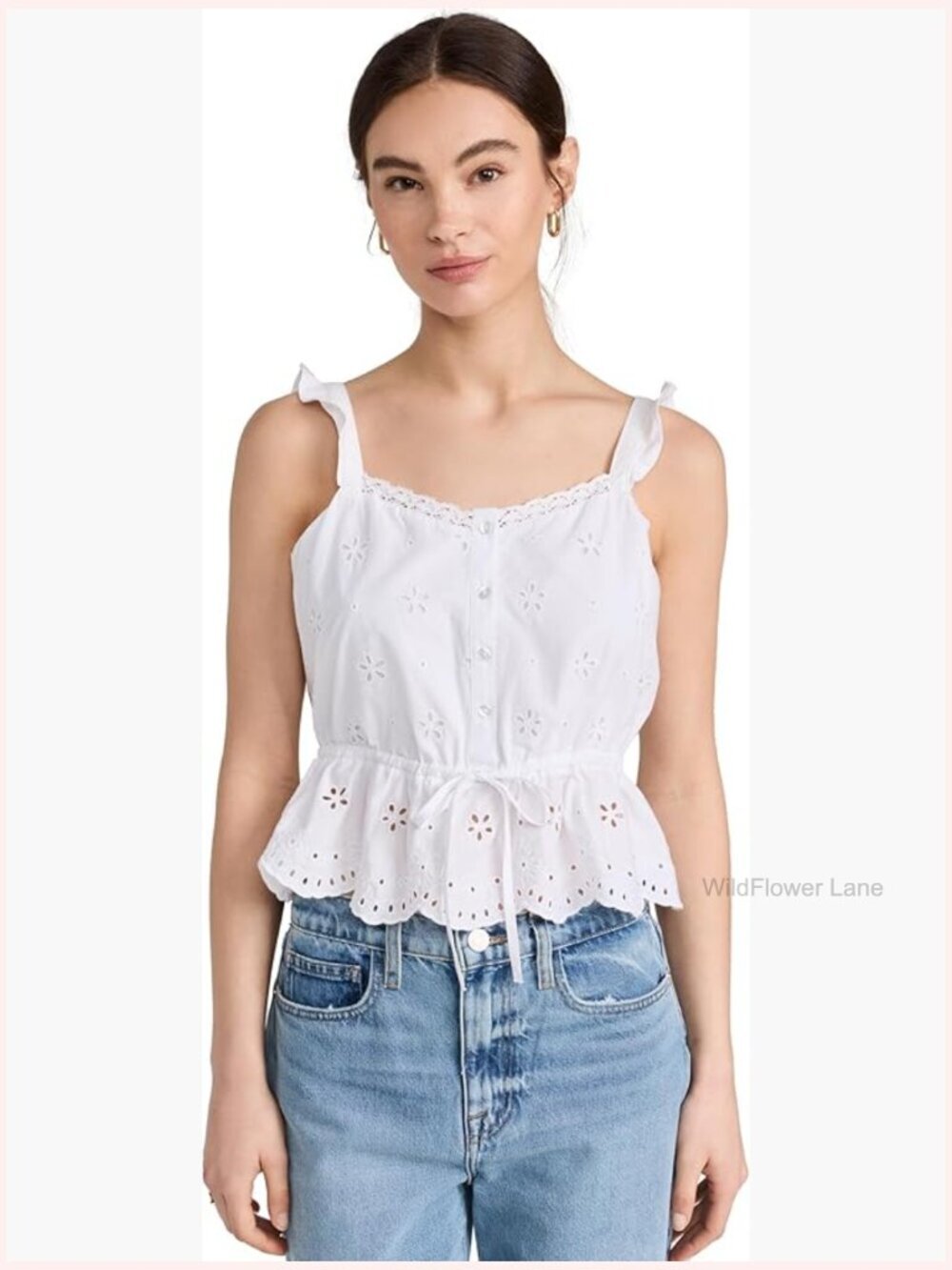 Women's Sleeveless Smocked Eyelet Scallop Hem Top